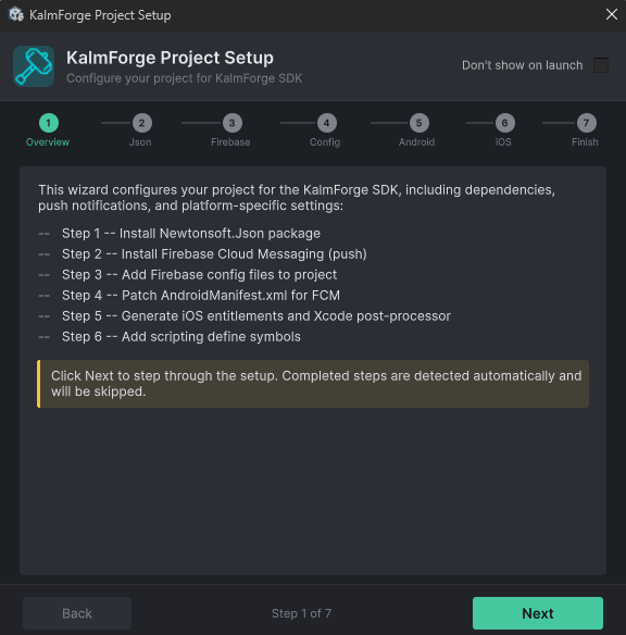 Unity SDK · project setup wizard