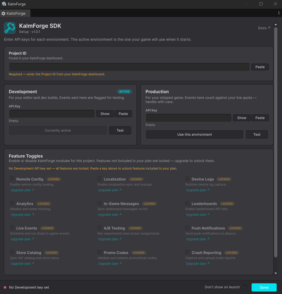 Unity SDK · API keys & feature toggles